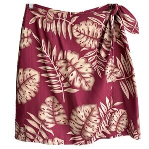 IZOD 100% Silk Wrap Style Skirt Red Tan Tropical Leaf Hawaiian Resortwear Size 6
